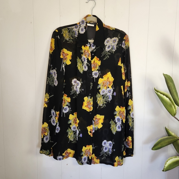 Vintage Tops - Vintage 90s Black Sheer Tunic Blouse Floral Preppy Office 1990s Tall Girl Casual